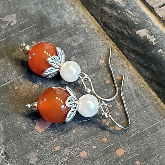 Handcrafted Red Carnelian Gemstone White Faux Pearl Silver Dangle Earrings - Picture 7 of 9
